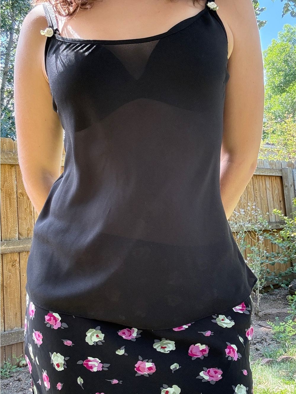 Charter Club Black Sheer Camisole with Flower Accent Straps